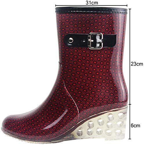 Wealsex Mujer Cuñas Cuatro Estaciones Moda Botas De Lluvia Transparente Zapatos De Agua Cremallera Lateral con Hebilla Antideslizantes Botas Impermeable (Vino Tinto,38)