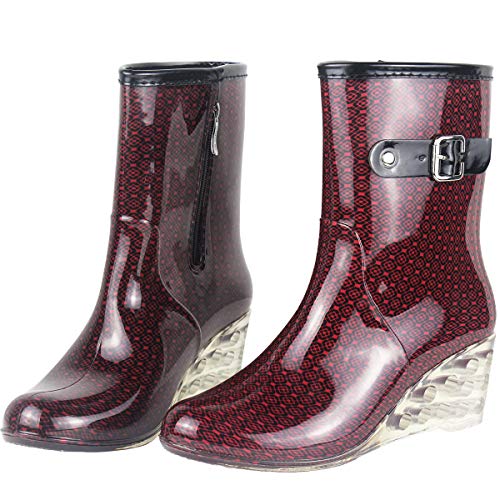 Wealsex Mujer Cuñas Cuatro Estaciones Moda Botas De Lluvia Transparente Zapatos De Agua Cremallera Lateral con Hebilla Antideslizantes Botas Impermeable (Vino Tinto,38)