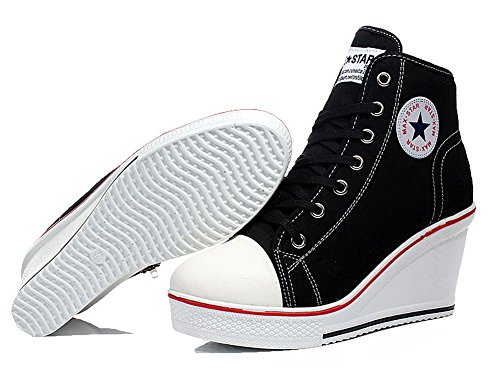 Wealsex Mujer Cuñas Zapatos De Lona High-Top Zapatos Casuales Encaje Talla Grande (Negro,39)