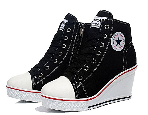 Wealsex Mujer Cuñas Zapatos De Lona High-Top Zapatos Casuales Encaje Talla Grande (Negro,39)