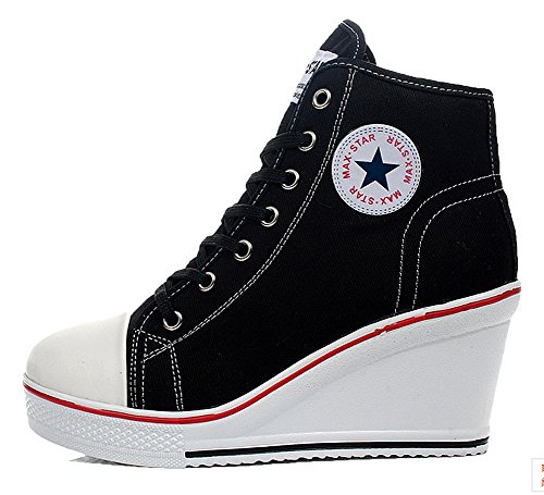 Wealsex Mujer Cuñas Zapatos De Lona High-Top Zapatos Casuales Encaje Talla Grande (Negro,39)