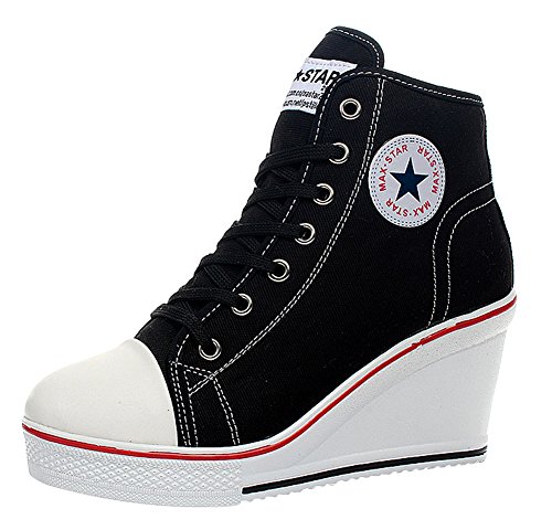 Wealsex Mujer Cuñas Zapatos De Lona High-Top Zapatos Casuales Encaje Talla Grande (Negro,39)