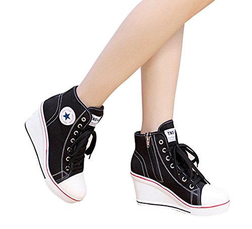 Wealsex Mujer Cuñas Zapatos De Lona High-Top Zapatos Casuales Encaje Talla Grande (Negro,39)