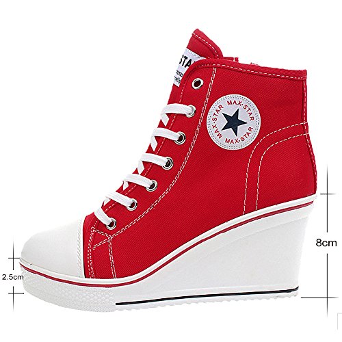 Wealsex Mujer Cuñas Zapatos De Lona High-Top Zapatos Casuales Encaje Talla Grande (Rojo,37)