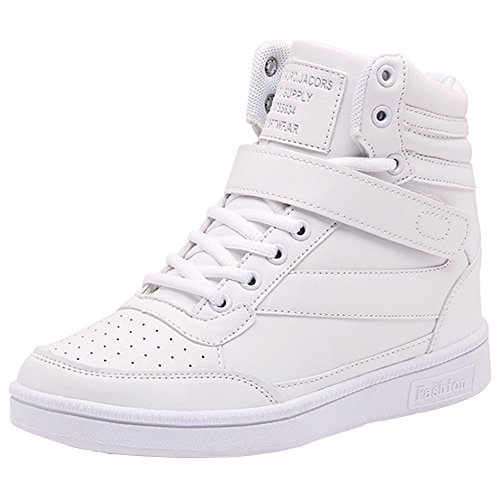 Wealsex Zapatillas de Cuña para Mujer Botas Botines Alta Zapatos Deportivos Oculto Talón Altura 3.5cm Interior Sneakers Blanco 36