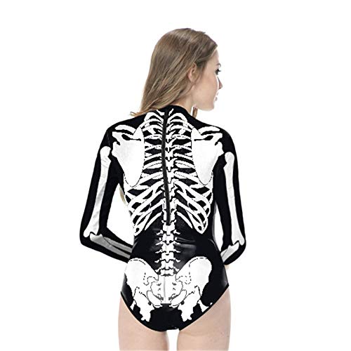 Weichunya Cráneo Diseño del traje de baño de la manga con cremallera Loog Surf traje de baño blanca impresa manera del traje de baño de las mujeres Maillot 3D Imprimir Fiesta de Halloween Horror Skele