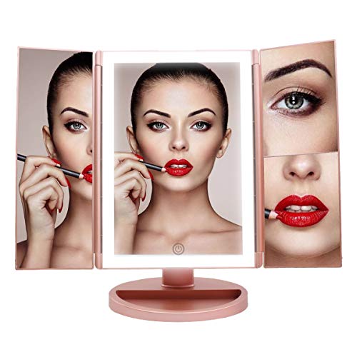 WEILY Espejo de Maquillaje, 1x / 2X / 3X Magnificación Triple Espejo Plegable Lámpara LED con 36 Luces LED Pantalla táctil y Carga USB Rotación de 180 Grados con mostrador (Oro Rosa)