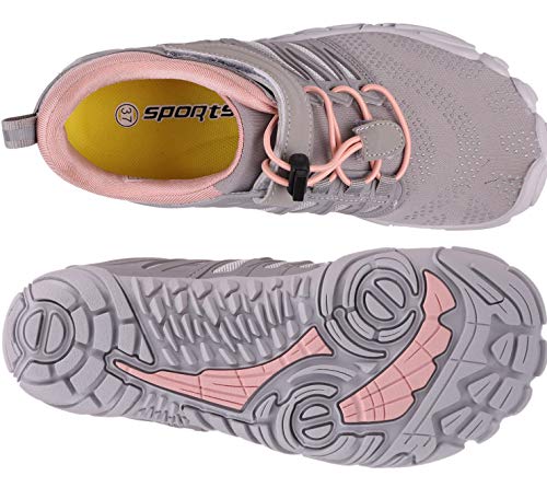 WHITIN Zapatilla Minimalista de Barefoot Trail Running para Hombre Mujer Five Fingers Fivefingers Zapato Descalzo Correr Deportivas Fitness Gimnasio Calzado Asfalto Gris Rosado 40