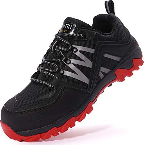 WHITIN Zapatos de Seguridad Hombres Zapatillas de Trabajo con Punta de Acero Ultra Liviano Reflectivo Anti-Deslizante Transpirable Zapatos de Industriay Construcción Negro Rojo 40 EU