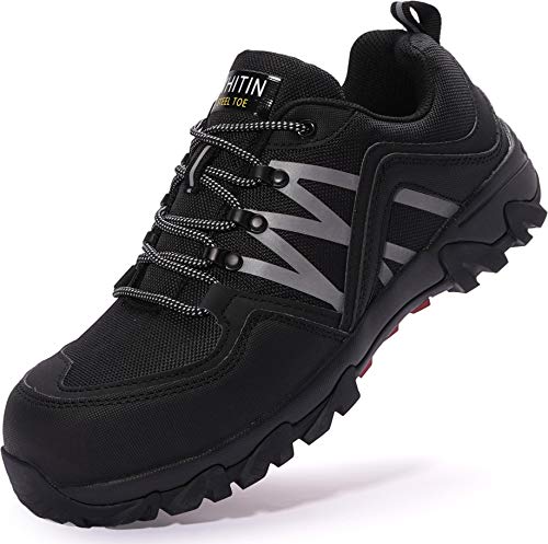 WHITIN Zapatos de Seguridad Hombres Zapatillas de Trabajo con Punta de Acero Ultra Liviano Reflectivo Anti-Deslizante Transpirable Zapatos de Industriay Construcción Negro 44 EU
