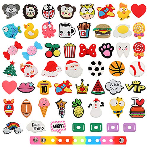 WILLBOND 50 Piezas Adornos de Zapatos PVC Encantos de Zapatos de Dibujos Animados con 4 Adaptadores de Cuerda de Zapatos y Pulsera Brazalete para Zapatos Clog, Regalos de Fiesta
