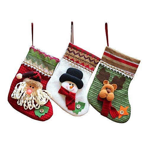 Wohlstand Juego de 3 Calcetines de Navidad Regalode Decoración Bordado,Santa Claus,Muñeco de Nieve,y Alce Bolsa,Mini Botas Bolsillo Calcetín de Tartán de Felpa Roja Para Presenta la Colgante del árbol