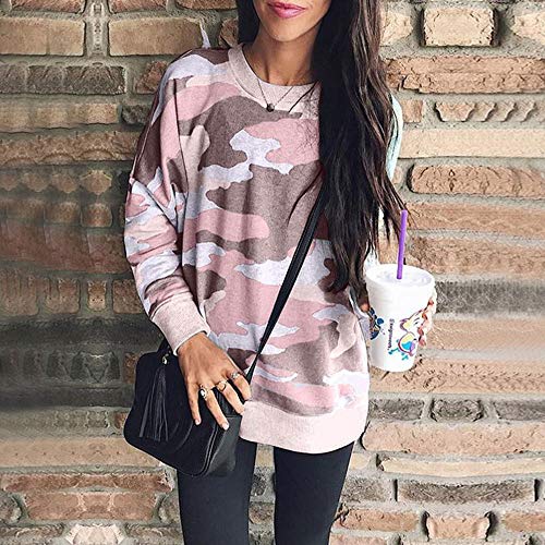 WonderBabe Sudadera para Mujer Sudadera con Estampado de Camuflaje Superior Cuello Redondo Jersey de Manga Larga, Ropa Informal de Otoño Rosa Talla S