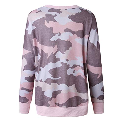WonderBabe Sudadera para Mujer Sudadera con Estampado de Camuflaje Superior Cuello Redondo Jersey de Manga Larga, Ropa Informal de Otoño Rosa Talla S
