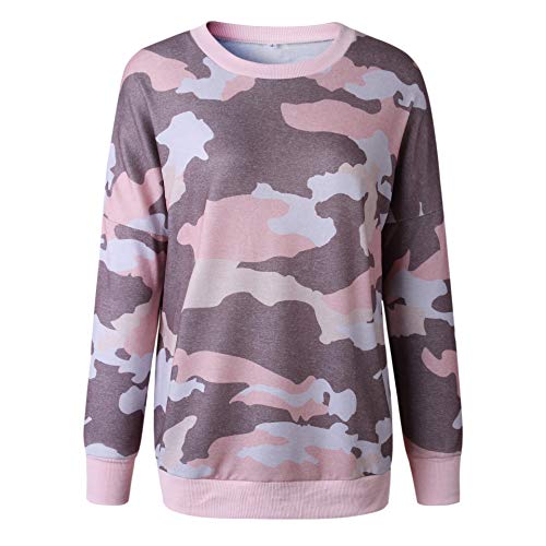 WonderBabe Sudadera para Mujer Sudadera con Estampado de Camuflaje Superior Cuello Redondo Jersey de Manga Larga, Ropa Informal de Otoño Rosa Talla S