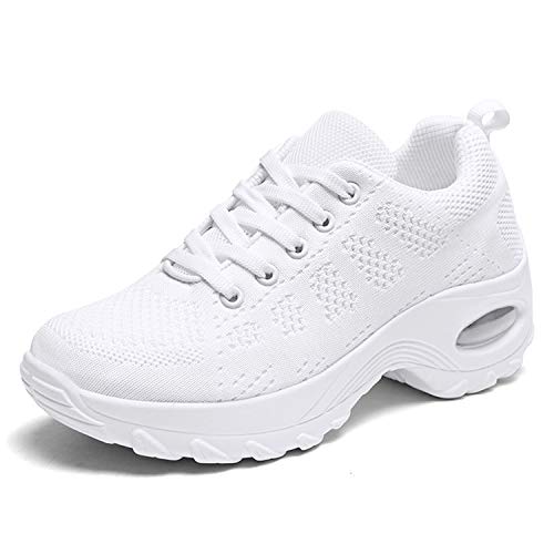 WOWEI Zapatillas Deportivas de Mujer Ligero Respirable Running Sneakers Mesh Plataforma Mocasines Zapatos de Cuña,Blanco,42 EU