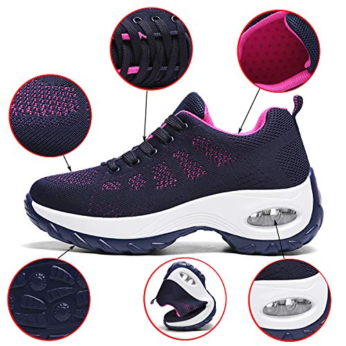 WOWEI Zapatillas Deportivas de Mujer Ligero Respirable Running Sneakers Mesh Plataforma Mocasines Zapatos de Cuña,Negro,35 EU