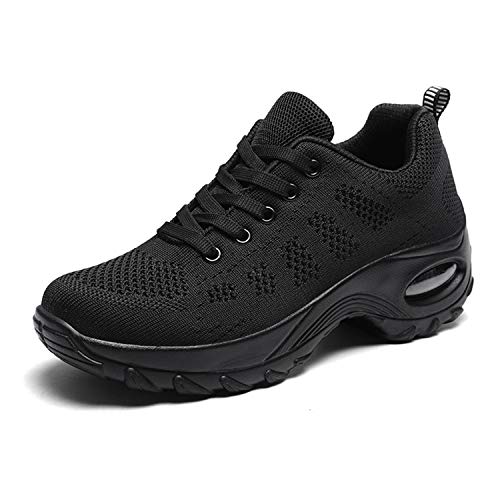 WOWEI Zapatillas Deportivas de Mujer Ligero Respirable Running Sneakers Mesh Plataforma Mocasines Zapatos de Cuña,Negro,35 EU