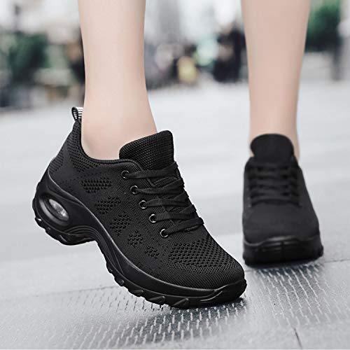 WOWEI Zapatillas Deportivas de Mujer Ligero Respirable Running Sneakers Mesh Plataforma Mocasines Zapatos de Cuña,Negro,36 EU