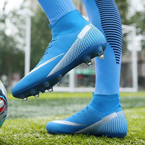 WOWEI Zapatos de Fútbol Hombre Spike Aire Libre Profesionales Atletismo Training Botas de Fútbol Zapatillas de Deporte,T2150 Azul,35 EU