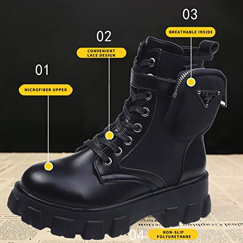 WZRY Botines de Combate para Mujer, con Bolsillo Extraíble Cabeza Redonda Botas Resistente al Agua y Cómodo Desgaste para Invierno Otoño, Negro, 37Black-38