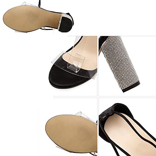 XIALEY Sandalias De Tacón Alto para Mujer, Zapatos De Gladiador Sexy De Moda De Verano Sandalias De Tacón De Bloque con Cordones De Tiras con Pedrería Brillante,Negro,37EU