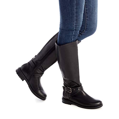 XTI - Bota Plana de Mujer Tipo Motera - Cierre con Cremallera - Negro - 39 EU