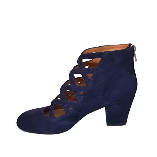 XUPPA - Botines Azules de Piel para Mujer con Tiras - Hechos en España - Cierre Cremallera - Tacon Ancho 7 cm - Forro Piel - Moda Tendencia Botas Elegantes - Ante Azul Marino - Azul 43 EU