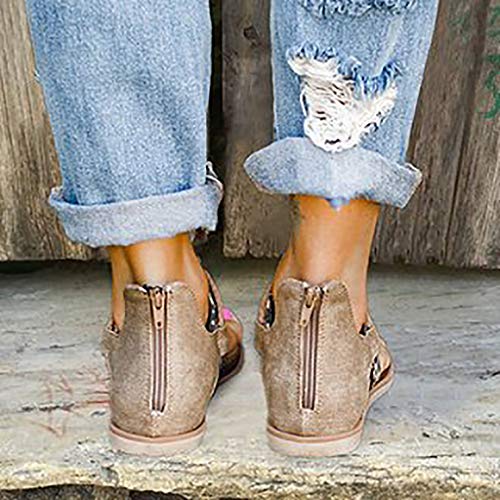 XXFZDCP Zapatos Sandalias de Gladiador para Mujer, Sandalias de tacón Plano con Estampado de Leopardo, Sandalias Planas de Verano, Sandalias de Tiras de Tobillo Vintage con Cremallera Cómodo Duradero
