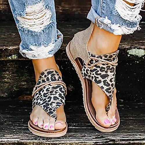 XXFZDCP Zapatos Sandalias de Gladiador para Mujer, Sandalias de tacón Plano con Estampado de Leopardo, Sandalias Planas de Verano, Sandalias de Tiras de Tobillo Vintage con Cremallera Cómodo Duradero