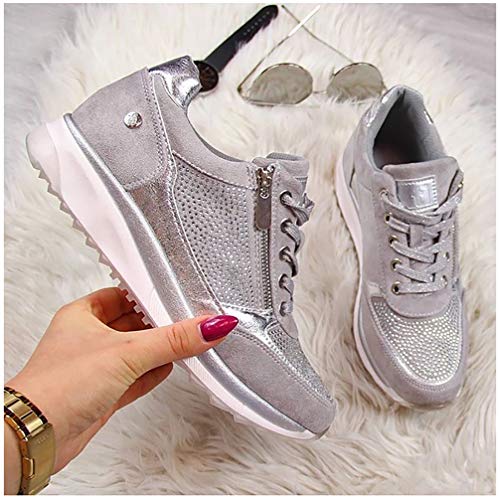 XXXZZL Moda Tacón de Cuña Bambas Mujer Plana Cómoda Zapatos Vulcanizados 2020 Ata para Arriba Cremallera Zapatillas para Mujer,Gris,38