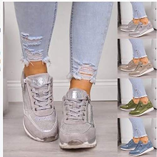 XXXZZL Moda Tacón de Cuña Bambas Mujer Plana Cómoda Zapatos Vulcanizados 2020 Ata para Arriba Cremallera Zapatillas para Mujer,Gris,38