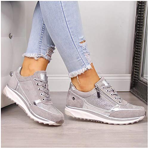 XXXZZL Moda Tacón de Cuña Bambas Mujer Plana Cómoda Zapatos Vulcanizados 2020 Ata para Arriba Cremallera Zapatillas para Mujer,Gris,38
