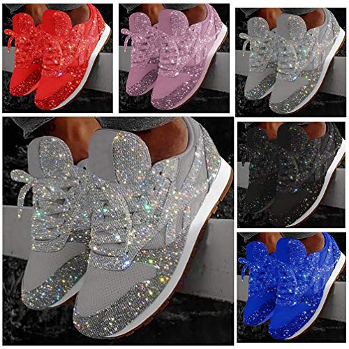 XXXZZL Zapatillas para Mujer Zapatos Respirable Mocasines Deportes Deportivos de Running para Mujer Transpirable con Cordones Ligero Sneakers 2020 Moda Zapatos de Lentejuelas Caminar Zapatos,Plata,35