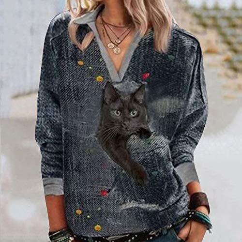 YANFANG Blusa De AlgodóN Manga Larga con Cuello En V Y Estampado Gato para Mujer Sudaderas sin Capucha Bloque Color Camiseta TúNica SuéTer CordóN Tops Bolsillo