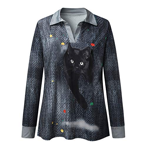 YANFANG Blusa De AlgodóN Manga Larga con Cuello En V Y Estampado Gato para Mujer Sudaderas sin Capucha Bloque Color Camiseta TúNica SuéTer CordóN Tops Bolsillo