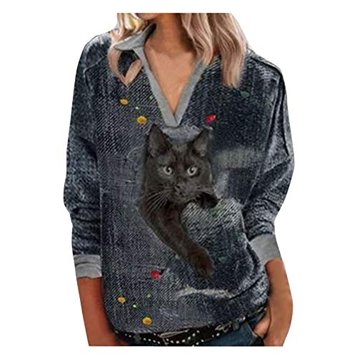 YANFANG Blusa De AlgodóN Manga Larga con Cuello En V Y Estampado Gato para Mujer Sudaderas sin Capucha Bloque Color Camiseta TúNica SuéTer CordóN Tops Bolsillo