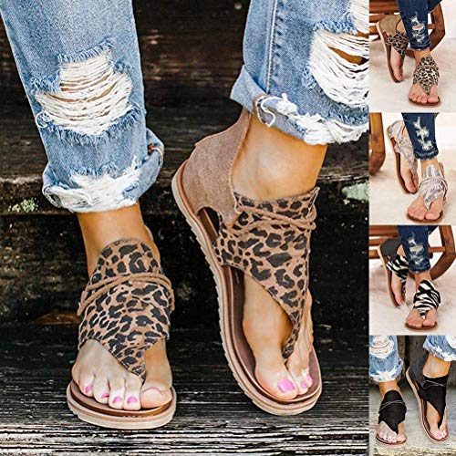 Yesgirl Mujer Sandalias Planas Casual Leopardo Zapatos De Verano Sandalias Mujeres Peep Toe Encaje Up Impresión Clip Toe con Cremallera Planas Playa Sandalias Y Leopardo 38 EU