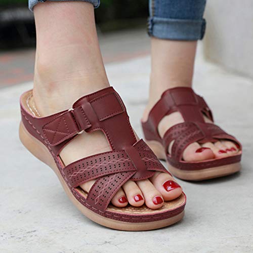 Yijinstyle Sandalias Casuales de Las Mujeres Cuñas de Verano Zapatos de Caminar Anchos (Rojo Burdeos, 44 EU)