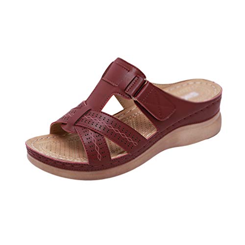 Yijinstyle Sandalias Casuales de Las Mujeres Cuñas de Verano Zapatos de Caminar Anchos (Rojo Burdeos, 44 EU)