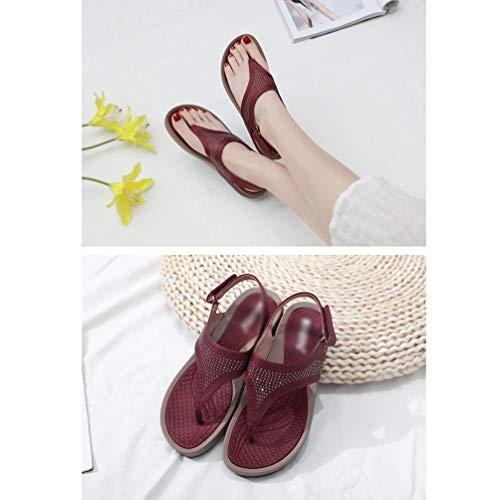 Yijinstyle Sandalias para Caminar Ocasionales Chanclas con Punta Abierta Sandalias con Diamantes de Imitación T-Strap Zapatillas con Velcro para Mujer (Rojo, 38.5 EU)