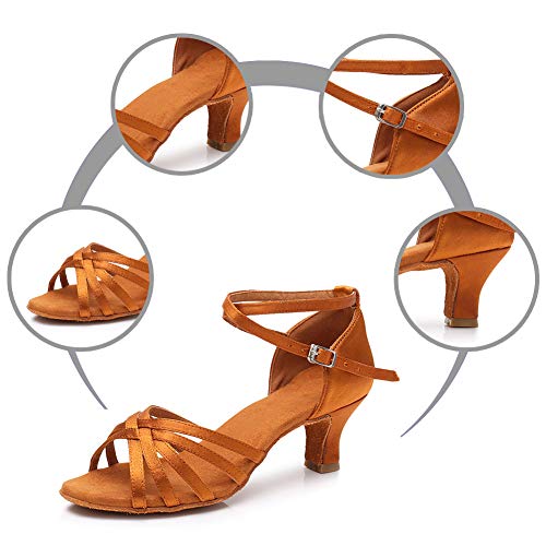 YKXLM Mujeres&Niña Zapatos Latinos de Baile Zapatillas de Baile de salón Salsa Performance Calzado de Danza,ESLP1213-5,Marrón Color,EU 38.5