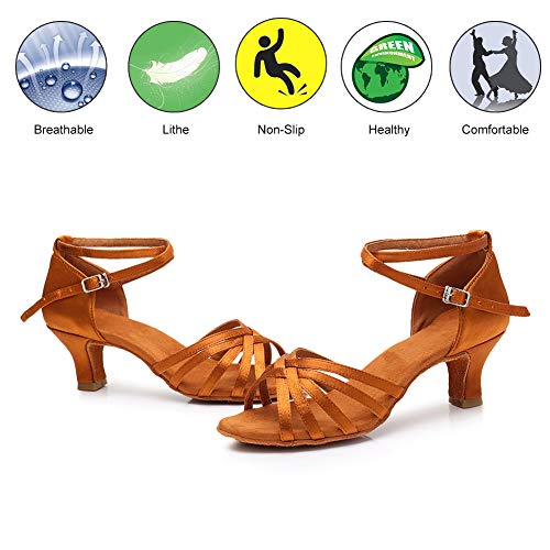 YKXLM Mujeres&Niña Zapatos Latinos de Baile Zapatillas de Baile de salón Salsa Performance Calzado de Danza,ESLP1213-5,Marrón Color,EU 38.5