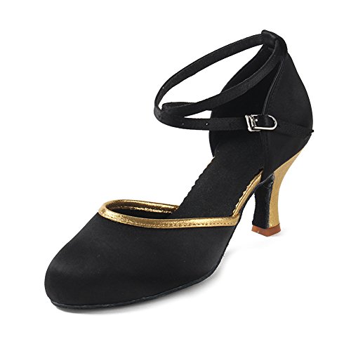 YKXLM Mujeres&Niña Zapatos latinos de baile Zapatillas de baile de salón Salsa Performance Calzado de Danza,ESWXCL-7,Negro+Oro color,EU 37.5