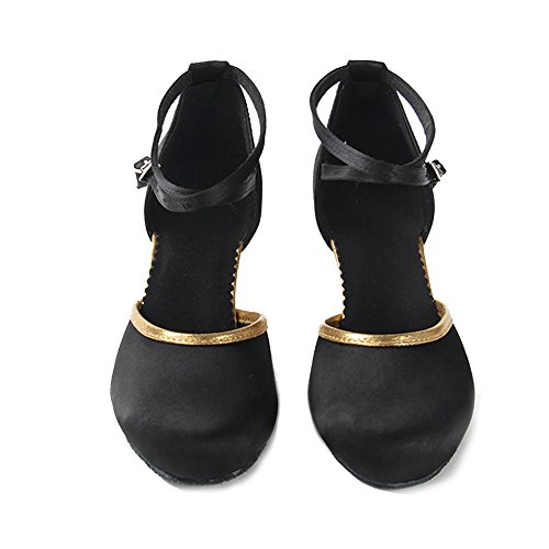 YKXLM Mujeres&Niña Zapatos latinos de baile Zapatillas de baile de salón Salsa Performance Calzado de Danza,ESWXCL-7,Negro+Oro color,EU 37.5