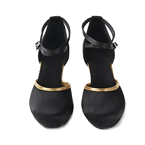 YKXLM Mujeres&Niña Zapatos latinos de baile Zapatillas de baile de salón Salsa Performance Calzado de Danza,ESWXCL-7,Negro+Oro color,EU 38.5