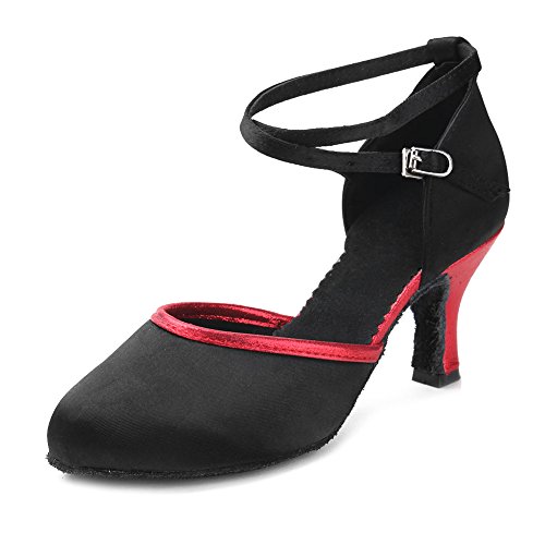 YKXLM Mujeres&Niña Zapatos latinos de baile Zapatillas de baile de salón Salsa Performance Calzado de Danza,ESWXCL-7,Negro+Rojo,EU 37.5