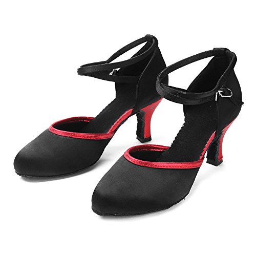 YKXLM Mujeres&Niña Zapatos latinos de baile Zapatillas de baile de salón Salsa Performance Calzado de Danza,ESWXCL-7,Negro+Rojo,EU 37.5