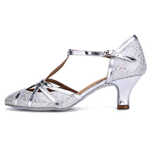 YKXLM Mujeres&Niña Zapatos latinos de baile Zapatillas de baile de salón Salsa Tango Performance Calzado de Danza,ES511-5,Plateado color,EU 37