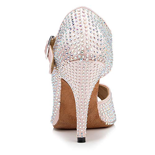 YKXLM Mujeres/Niñas Salón de Baile Latino Zapatos Rhinestones Señoras Salsa Latina Tango Correa Cruzada Suela de Ante,ESYCL126-7.5,Rosa,EU 39